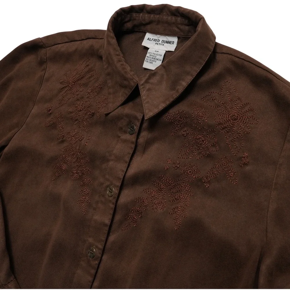 Alfred Dunner Shirt Womens 12P Brown Faux Suede Embroidered Petite Button Up